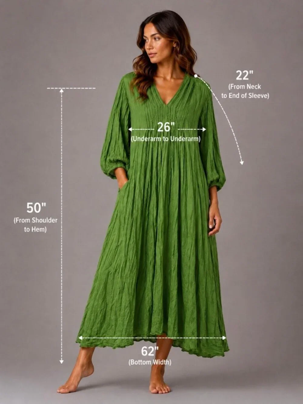 NEW Green Cotton Boho Maxi Dress – Oversized Relaxed Fit with Pockets Thailand - Picture 10 of 10